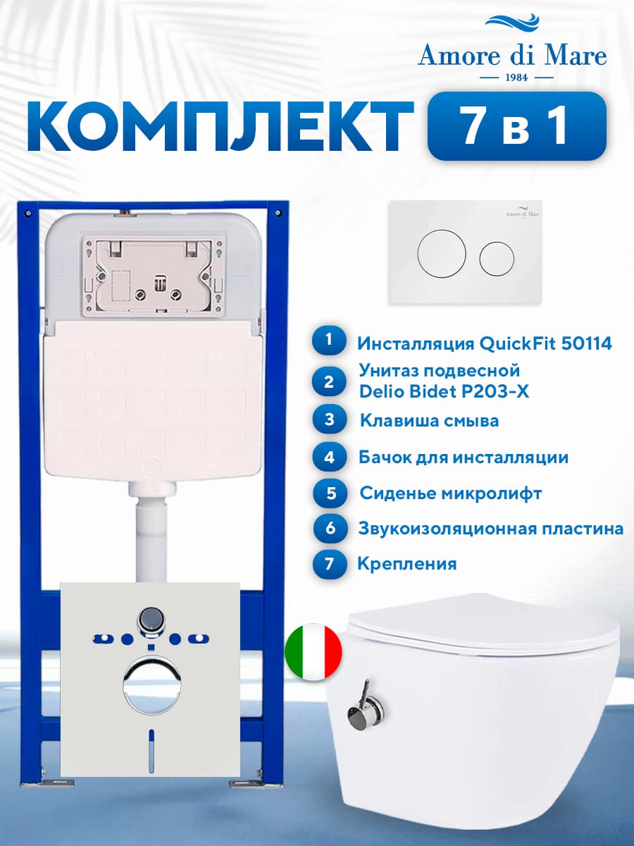 Комплект инсталляции Amore di Mare QuickFit 50114 с унитазом с функцией биде Delio Bidet P203-X с кнопкой 303W, 7 в 1, Италия