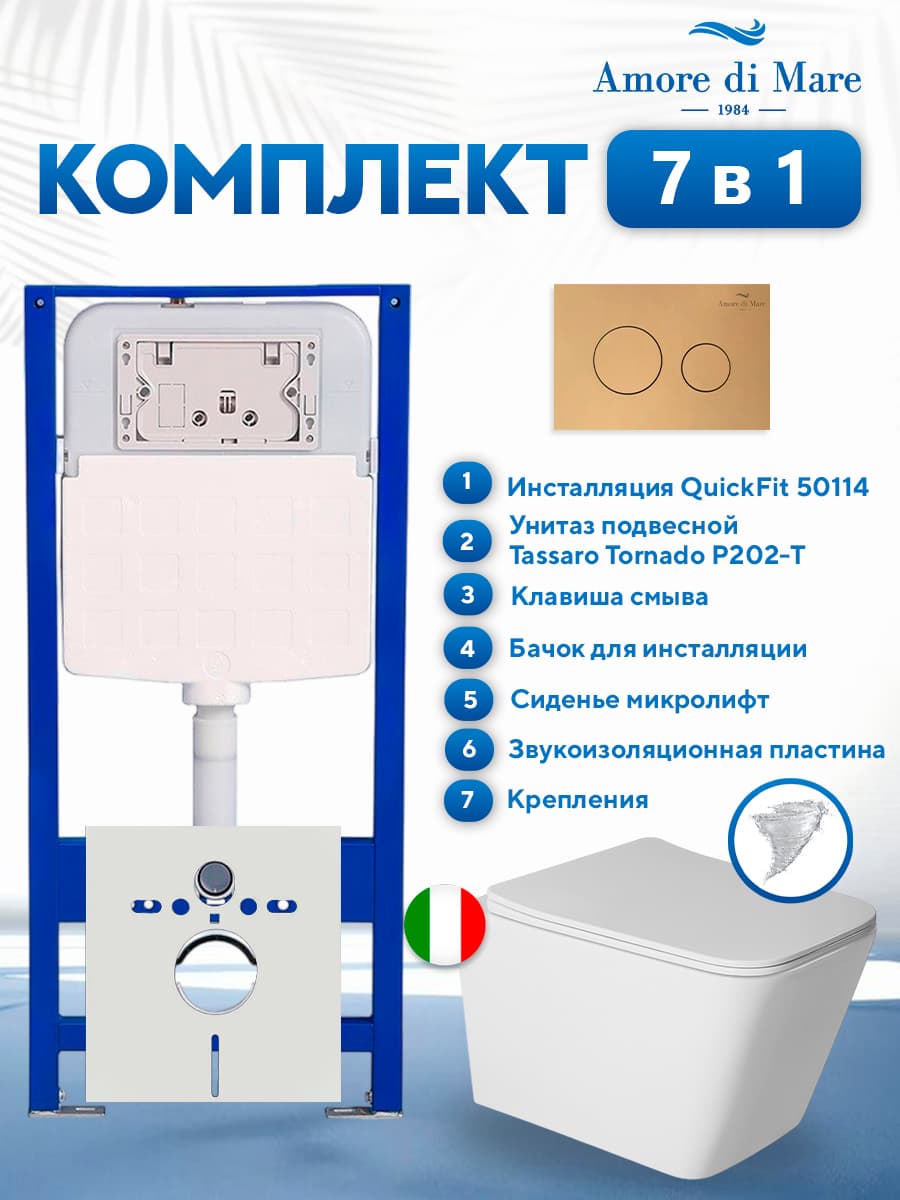 Комплект инсталляции Amore di Mare QuickFit 50114 с унитазом Tassaro Tornado P202-T с круглой кнопкой золото 303G 7 в 1, Италия