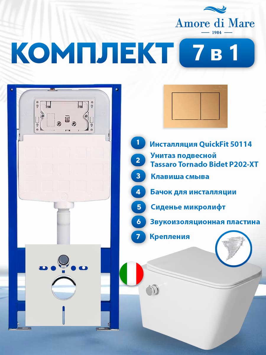 Комплект инсталляции Amore di Mare QuickFit 50114 с унитазом Tassaro Tornado Bidet P202-XT с функцией биде с кнопкой 814G 7 в 1, Италия