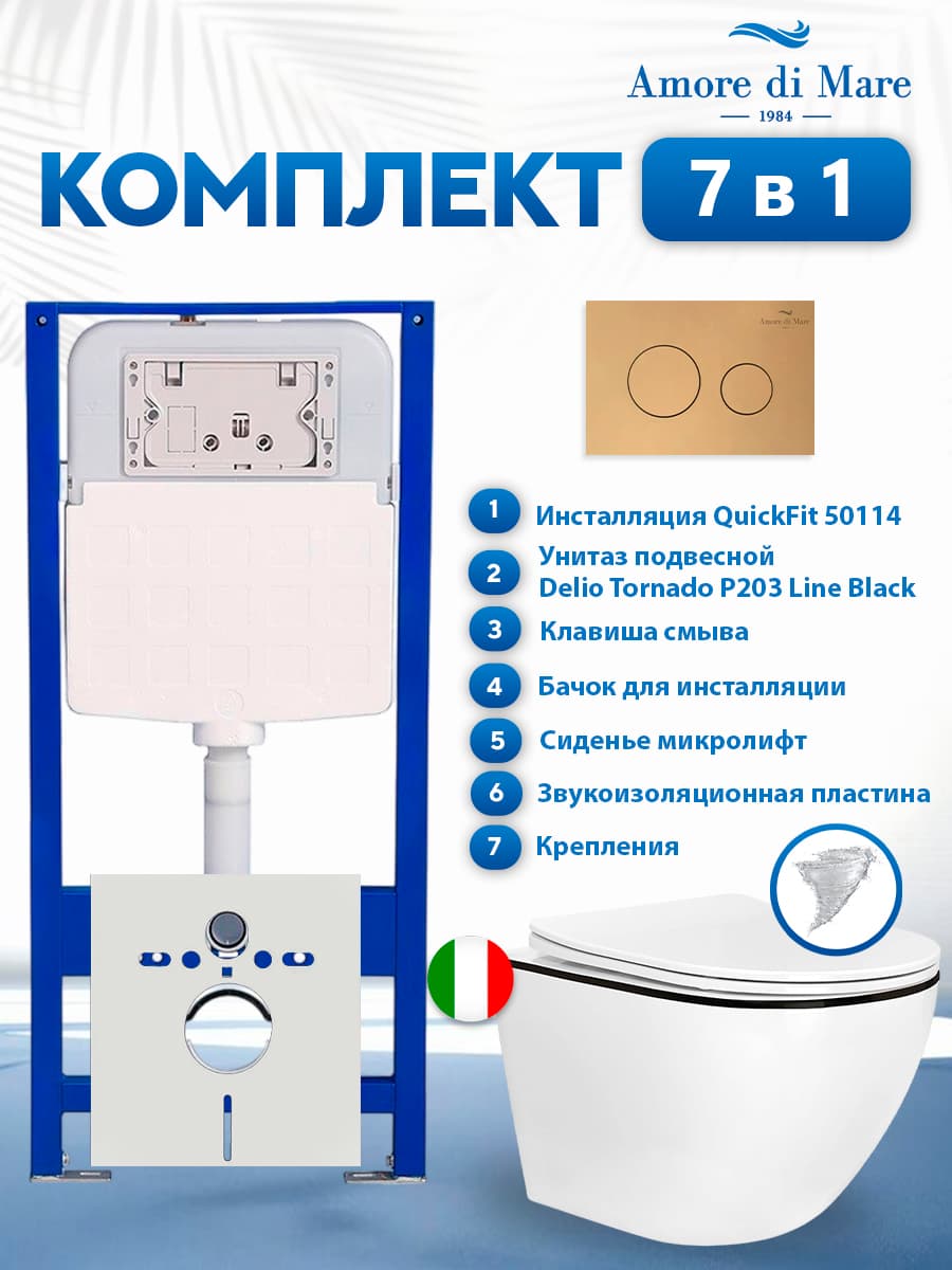 Комплект инсталляции Amore di Mare QuickFit 50114 с унитазом Delio Tornado P203 Line Black с круглой кнопкой золото 303G 7 в 1, Италия