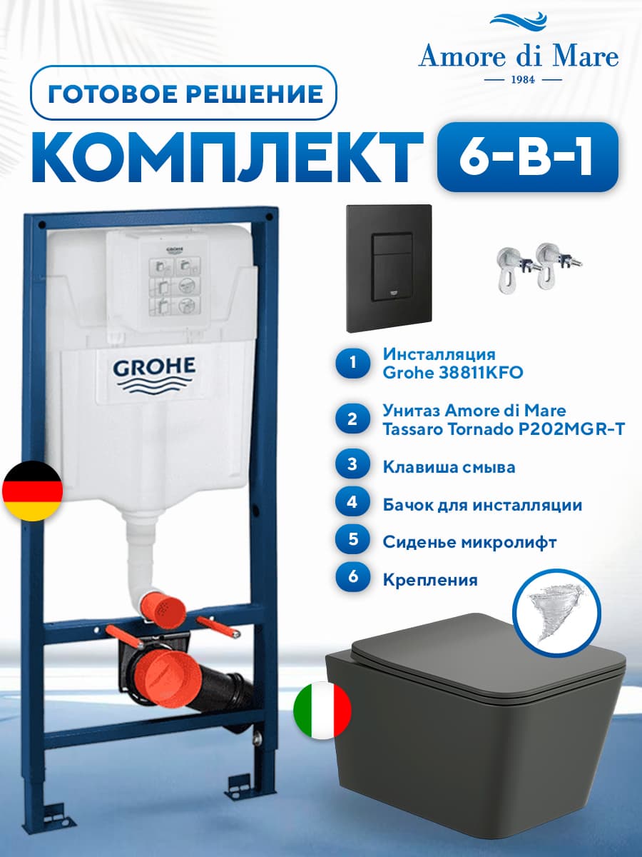 Комплект 6 в 1: инсталляция Grohe 38811KFO + подвесной безободковый унитаз Amore di Mare Tassaro Tornado P202MGR-T Matte Grey + сиденье микролифт, кнопка, бачок, крепления