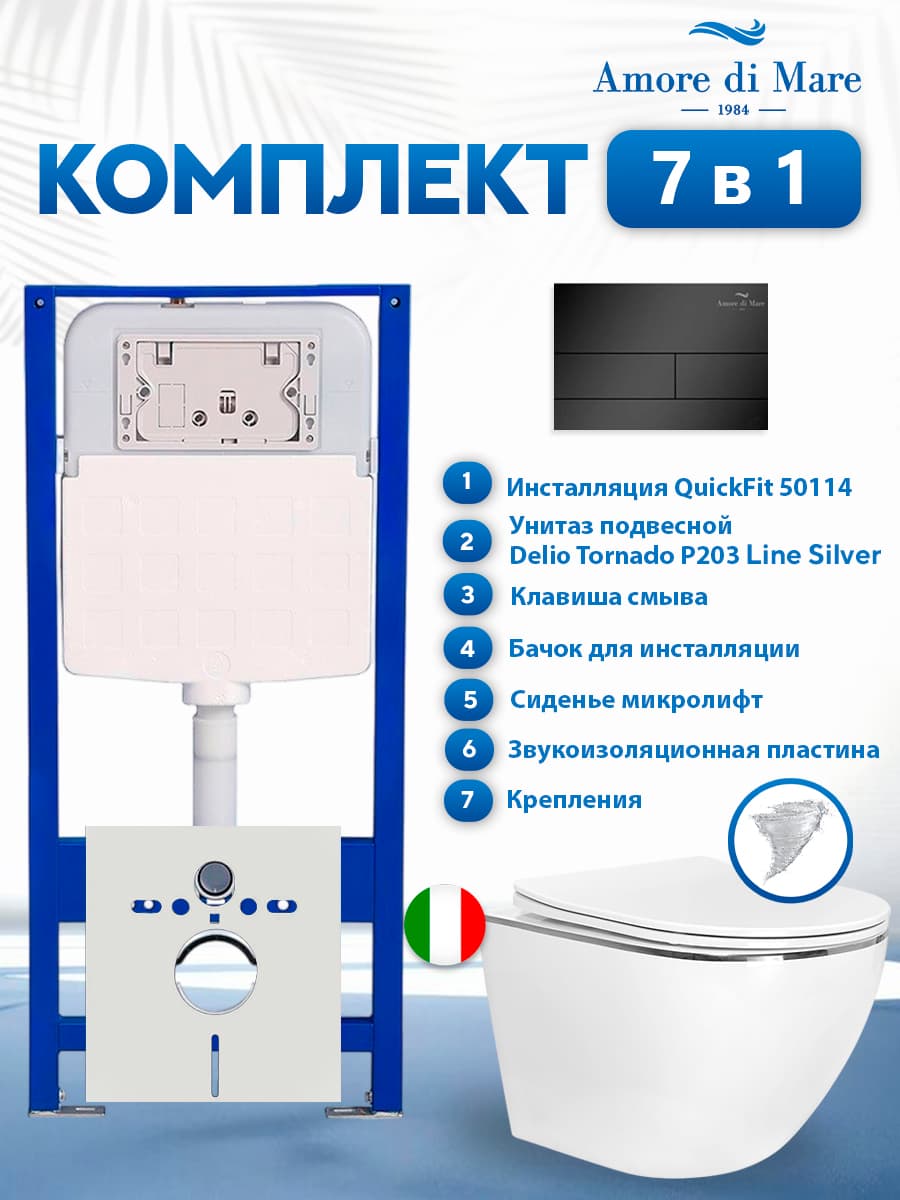 Комплект инсталляции Amore di Mare QuickFit 50114 с унитазом Delio Tornado P203 Line Silver с квадратной кнопкой черной 404MB 7 в 1, Италия