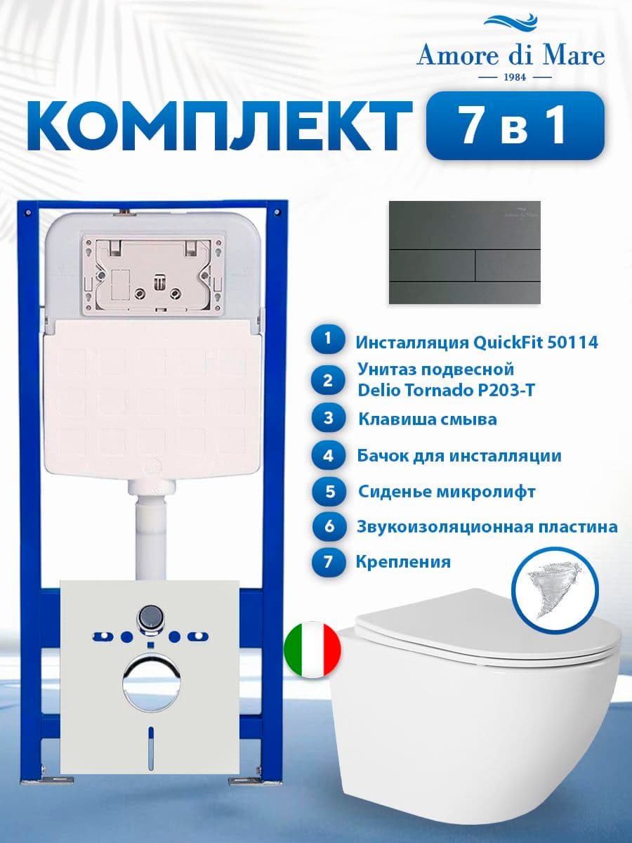 Комплект инсталляции Amore di Mare QuickFit 50114 с унитазом Delio Tornado P203-T с кнопкой 404BN-S 7 в 1, Италия
