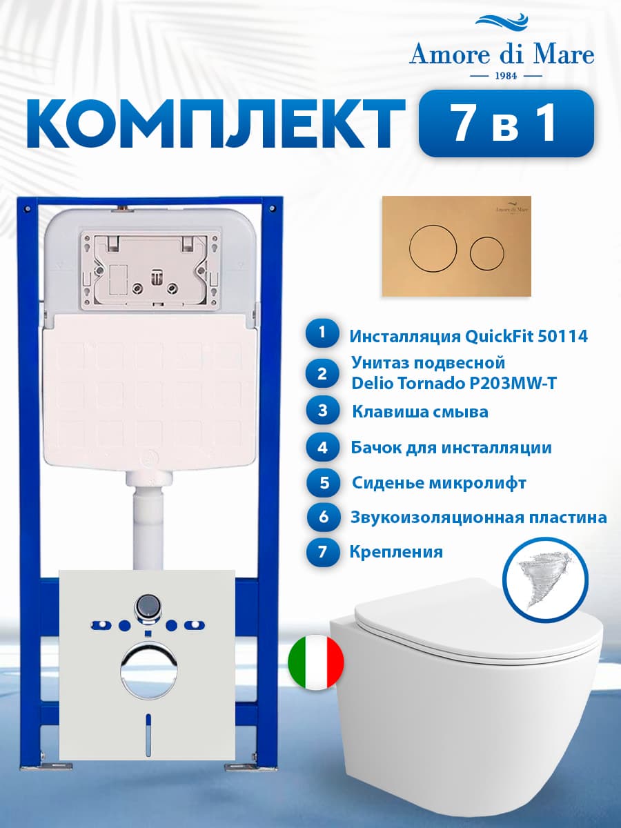 Комплект инсталляции Amore di Mare QuickFit 50114 с унитазом Delio Tornado P203MW-T Matte White с кнопкой 303G 7 в 1, Италия