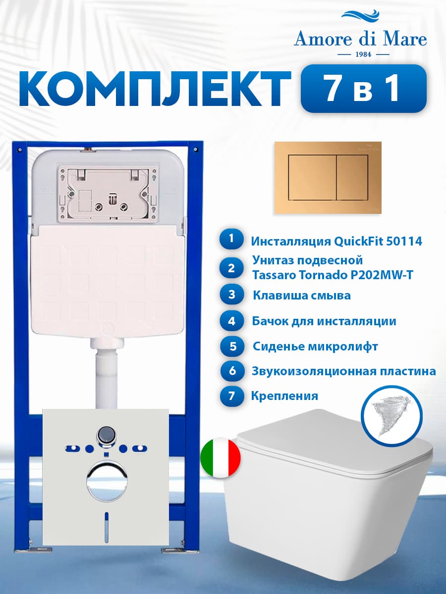 Комплект инсталляции Amore di Mare QuickFit 50114 с унитазом Tassaro Tornado P202MW-T Matte White с кнопкой 814G 7 в 1, Италия