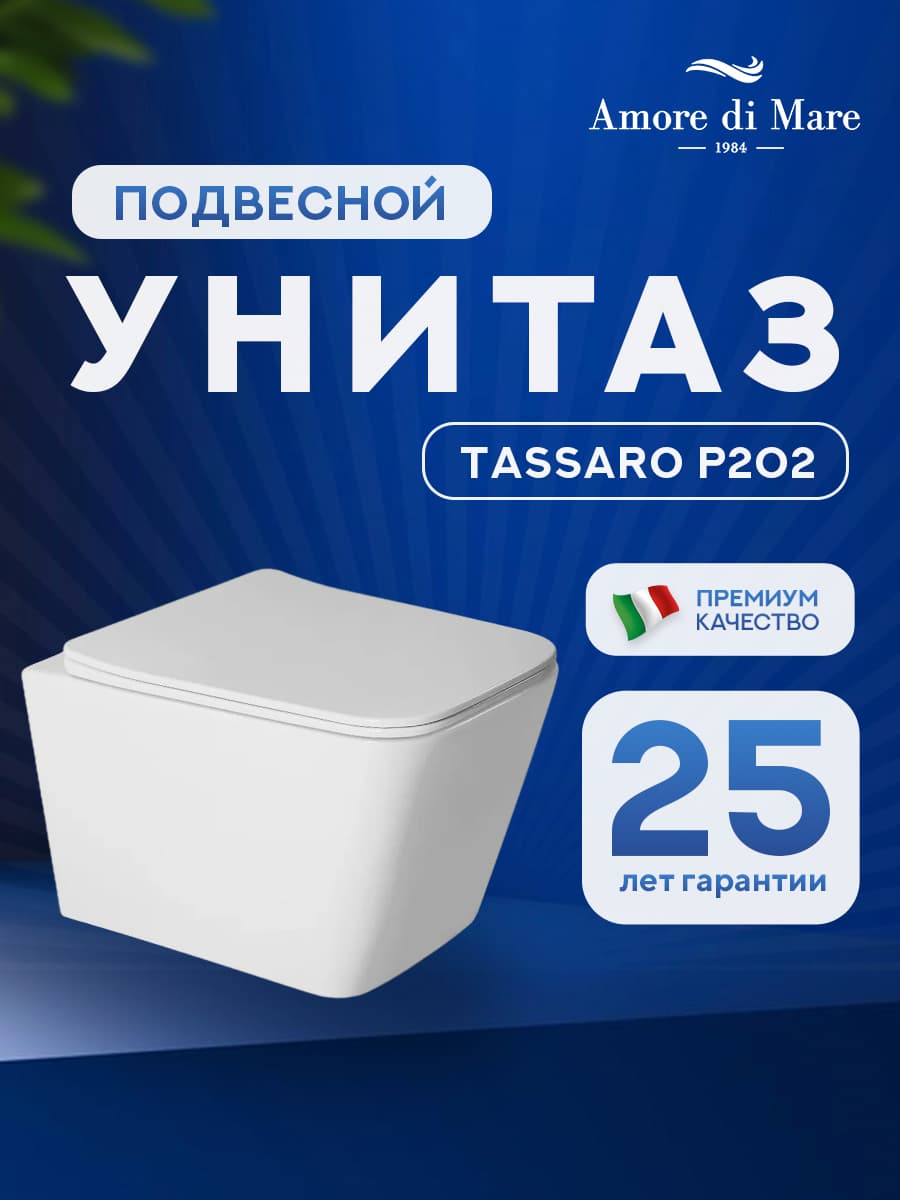 Унитаз подвесной безободковый Amore di Mare Tassaro P202 квадратный белый итальянский, антивсплеск, фарфоровый, быстросъемное сиденье дюропласт с крышкой микролифт, чаша с антибактериальным покрытием