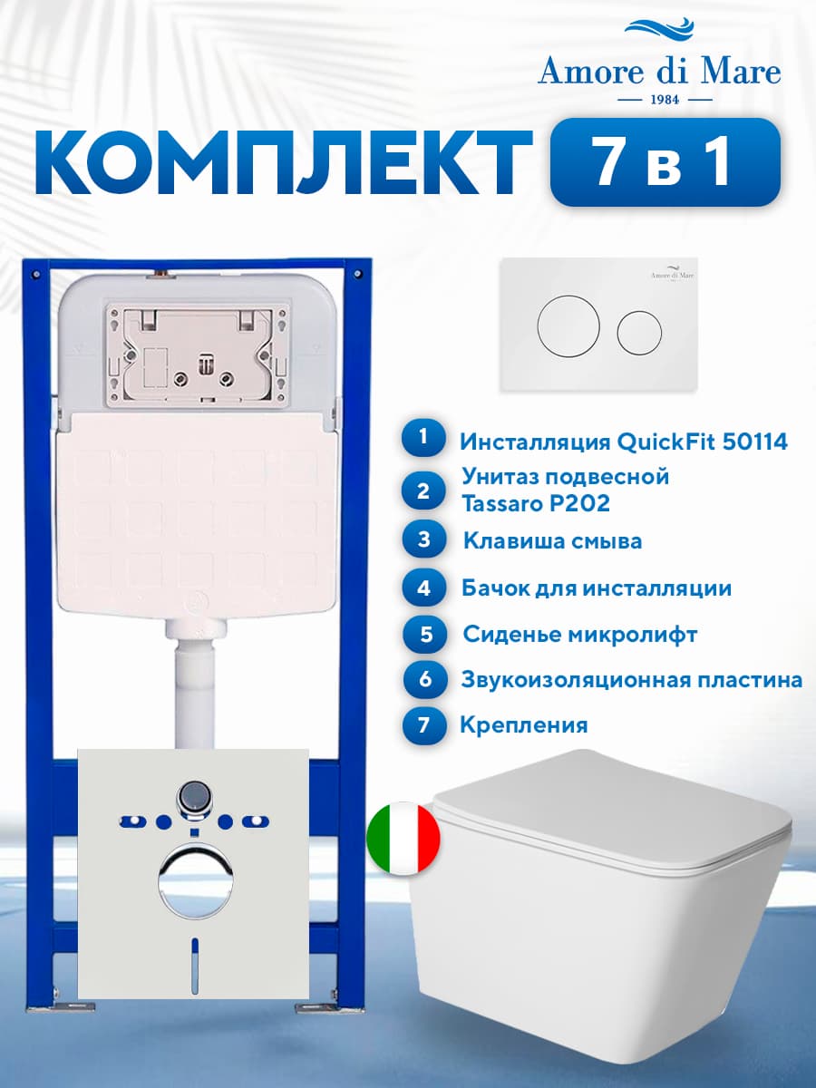 Комплект инсталляции Amore di Mare QuickFit 50114 с унитазом Tassaro P202 с кнопкой 303W, 7 в 1, Италия