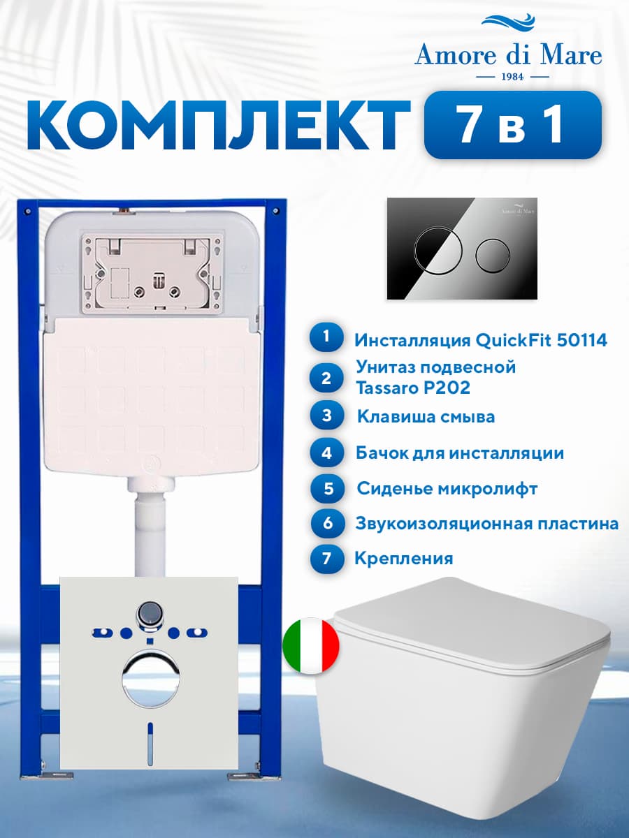 Комплект инсталляции Amore di Mare QuickFit 50114 с унитазом Tassaro P202 с кнопкой 303CH, 7 в 1, Италия