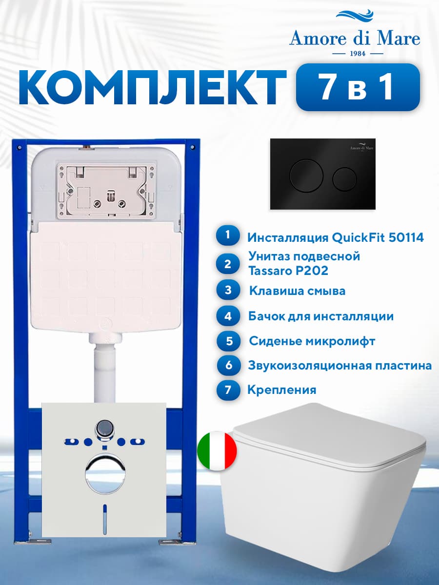 Комплект инсталляции Amore di Mare QuickFit 50114 с унитазом Tassaro P202 с кнопкой 303MB, 7 в 1, Италия