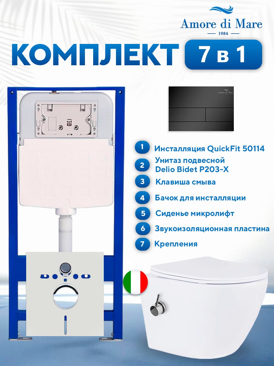 Комплект инсталляции Amore di Mare QuickFit 50114 с унитазом с функцией биде Delio Bidet P203-X с кнопкой 404MB, 7 в 1, Италия