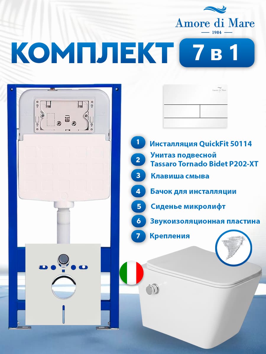 Комплект инсталляции Amore di Mare QuickFit 50114 с унитазом Tassaro Tornado Bidet P202-XT с функцией биде с кнопкой 404W 7 в 1, Италия
