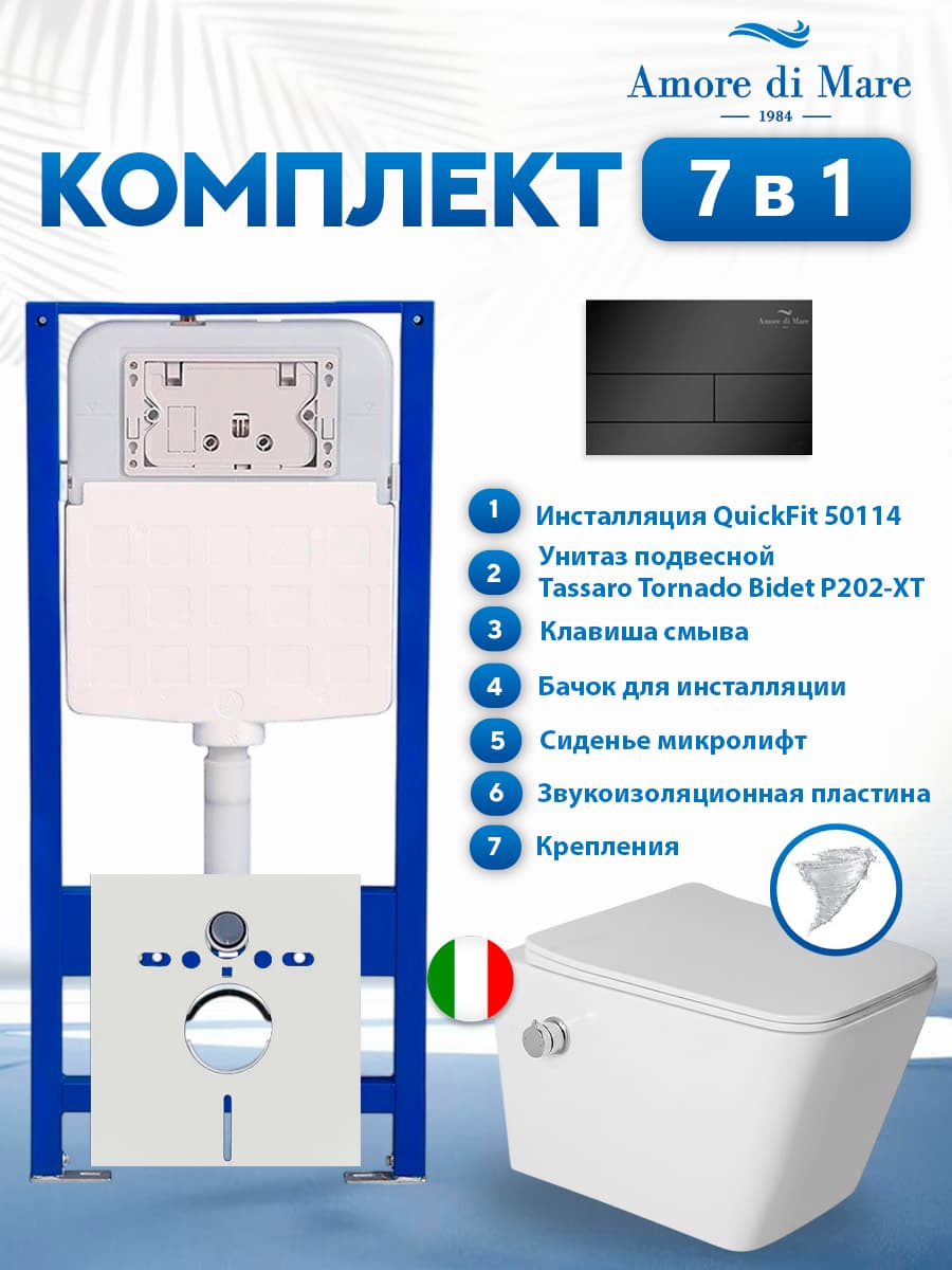 Комплект инсталляции Amore di Mare QuickFit 50114 с унитазом Tassaro Tornado Bidet P202-XT с функцией биде с кнопкой 404MB 7 в 1, Италия