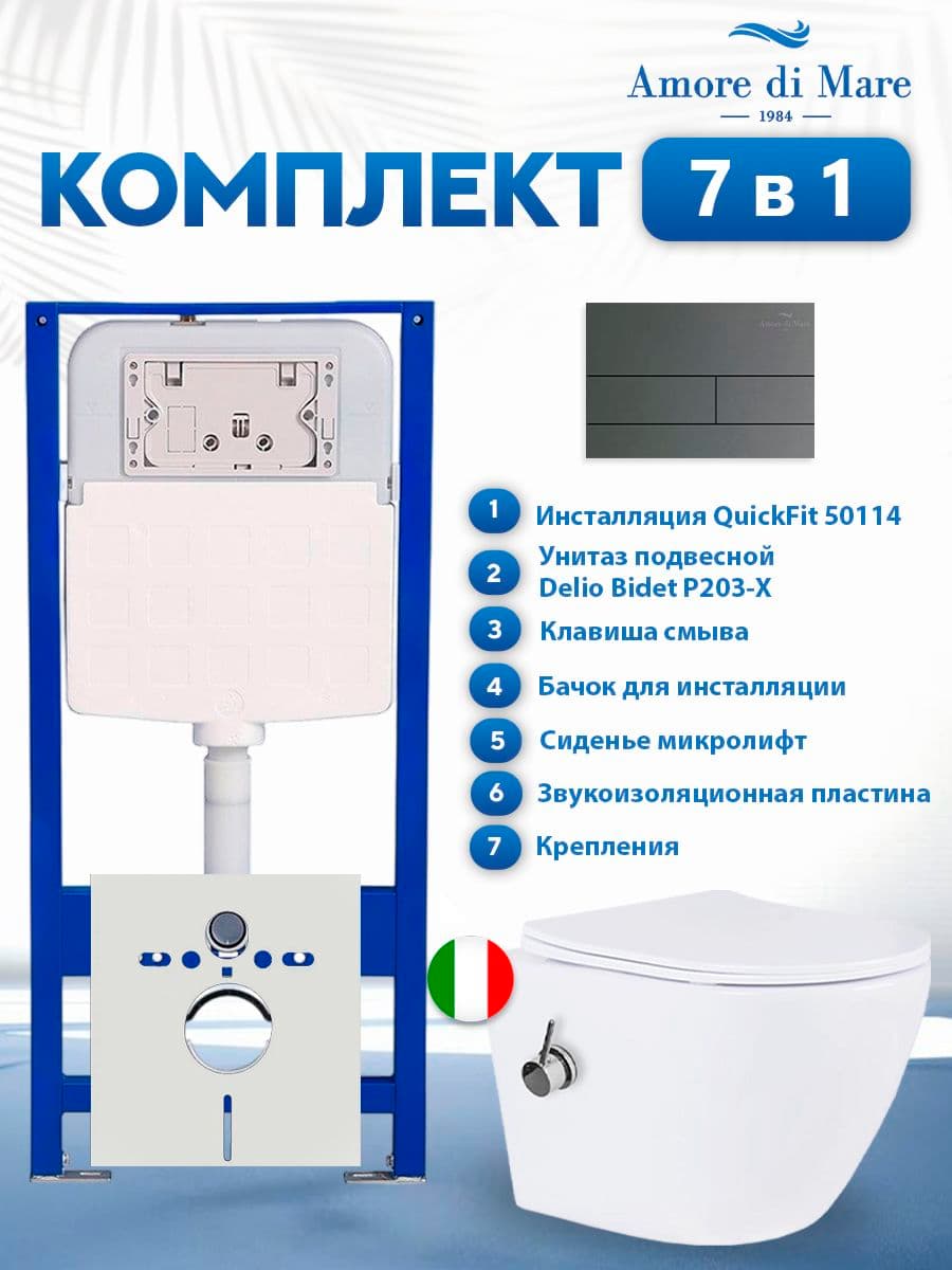 Комплект инсталляции Amore di Mare QuickFit 50114 с унитазом с функцией биде Delio Bidet P203-X с кнопкой 404BN-S, 7 в 1, Италия