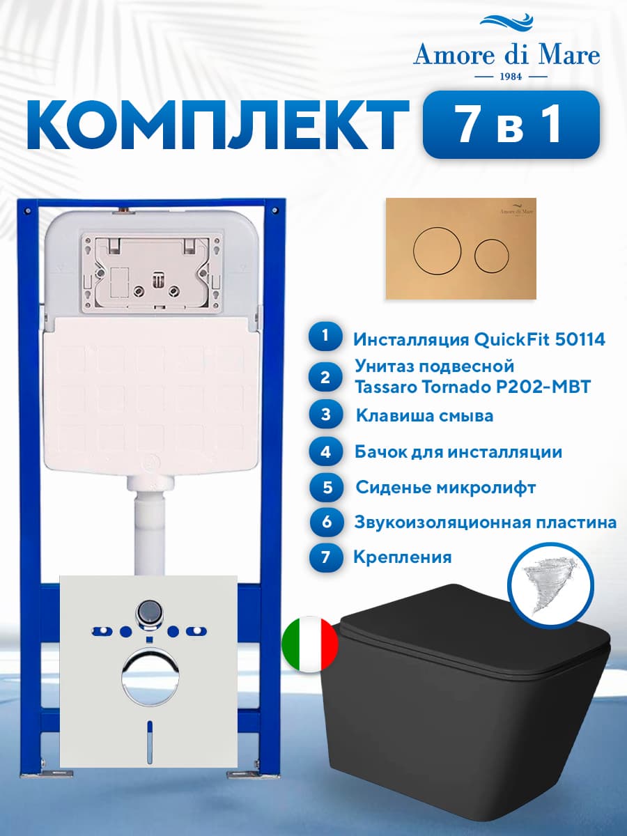 Комплект инсталляции Amore di Mare QuickFit 50114 с унитазом Tassaro Tornado P202-MBT с круглой кнопкой золото 303G 7 в 1, Италия