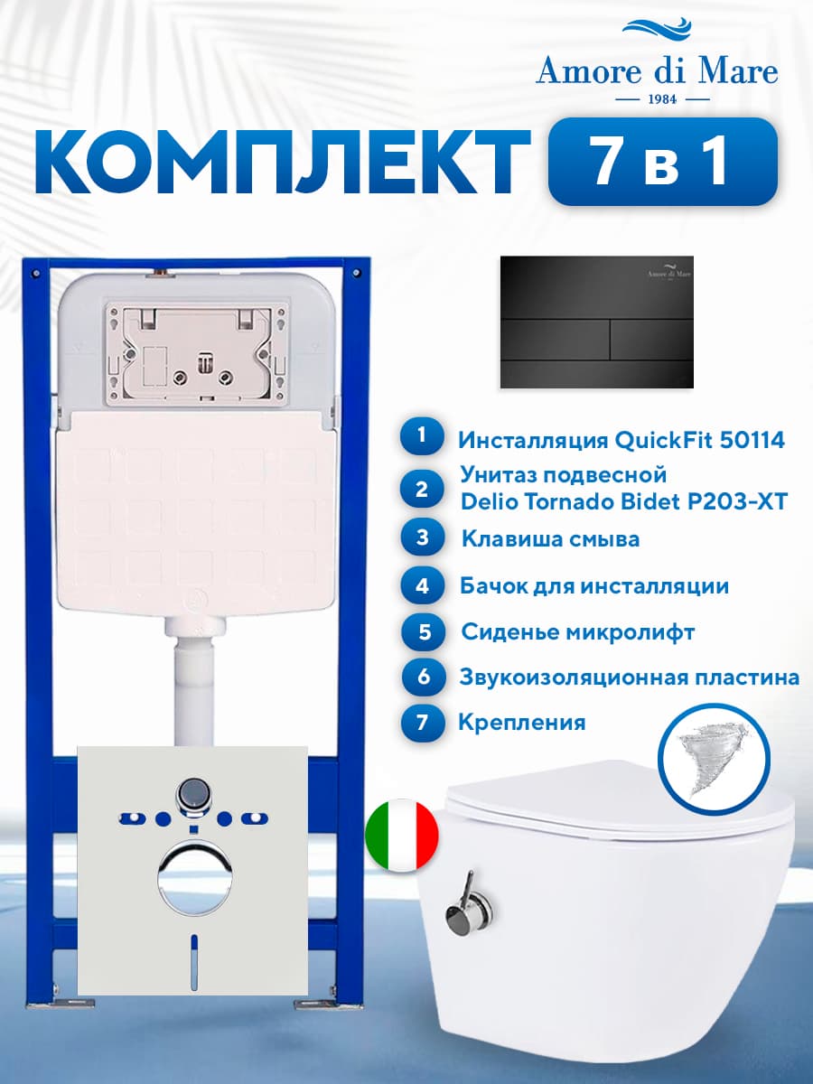 Комплект инсталляции Amore di Mare QuickFit 50114 с унитазом Delio Tornado Bidet P203-XT с кнопкой 404MB 7 в 1, Италия