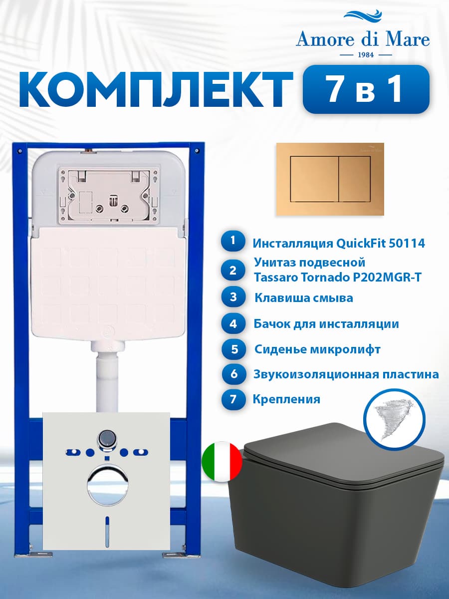 Комплект инсталляции Amore di Mare QuickFit 50114 с унитазом Tassaro Tornado P202MGR-T Matte Grey с кнопкой 814G 7 в 1, Италия
