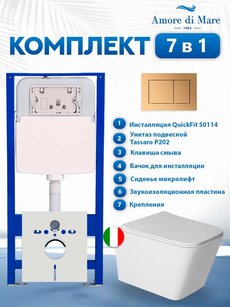 Комплект инсталляции Amore di Mare QuickFit 50114 с унитазом Tassaro P202 с кнопкой 814G, 7 в 1, Италия
