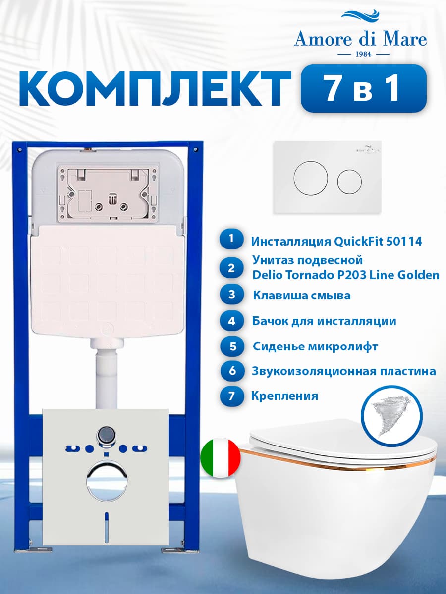 Комплект инсталляции Amore di Mare QuickFit 50114 с унитазом Delio Tornado P203 Line Golden с круглой кнопкой белой 303W 7 в 1, Италия