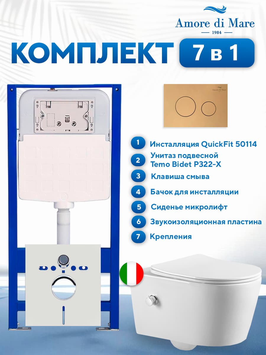 Комплект инсталляции Amore di Mare QuickFit 50114 с унитазом Temo Bidet P322-X с кнопкой 303G, 7 в 1, Италия