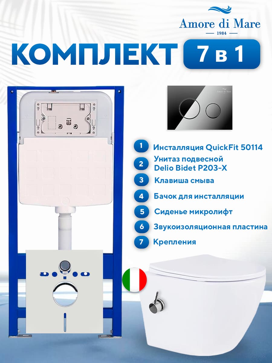 Комплект инсталляции Amore di Mare QuickFit 50114 с унитазом с функцией биде Delio Bidet P203-X с кнопкой 303CH, 7 в 1, Италия