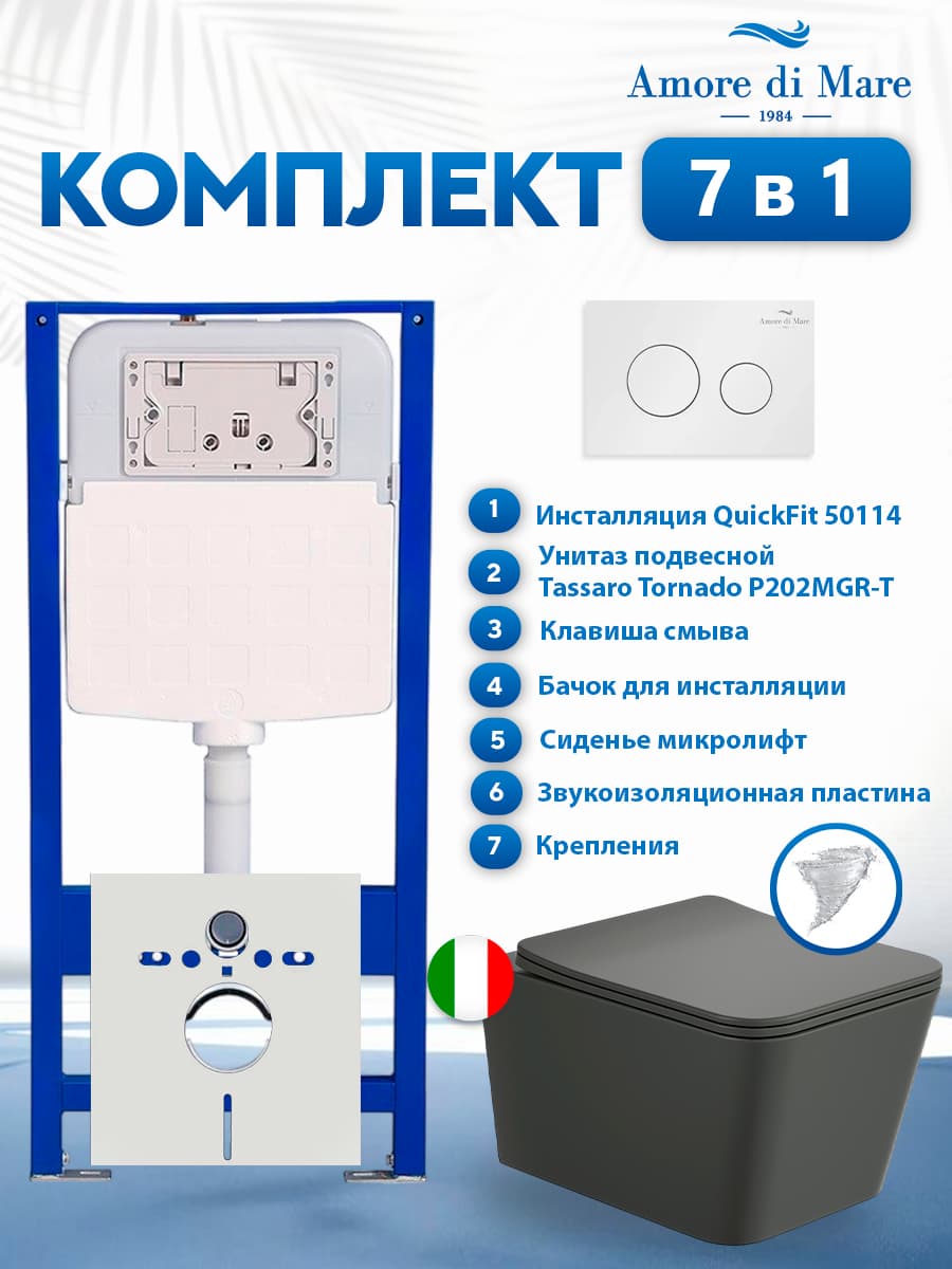Комплект инсталляции Amore di Mare QuickFit 50114 с унитазом Tassaro Tornado P202MGR-T Matte Grey с кнопкой 303W 7 в 1, Италия