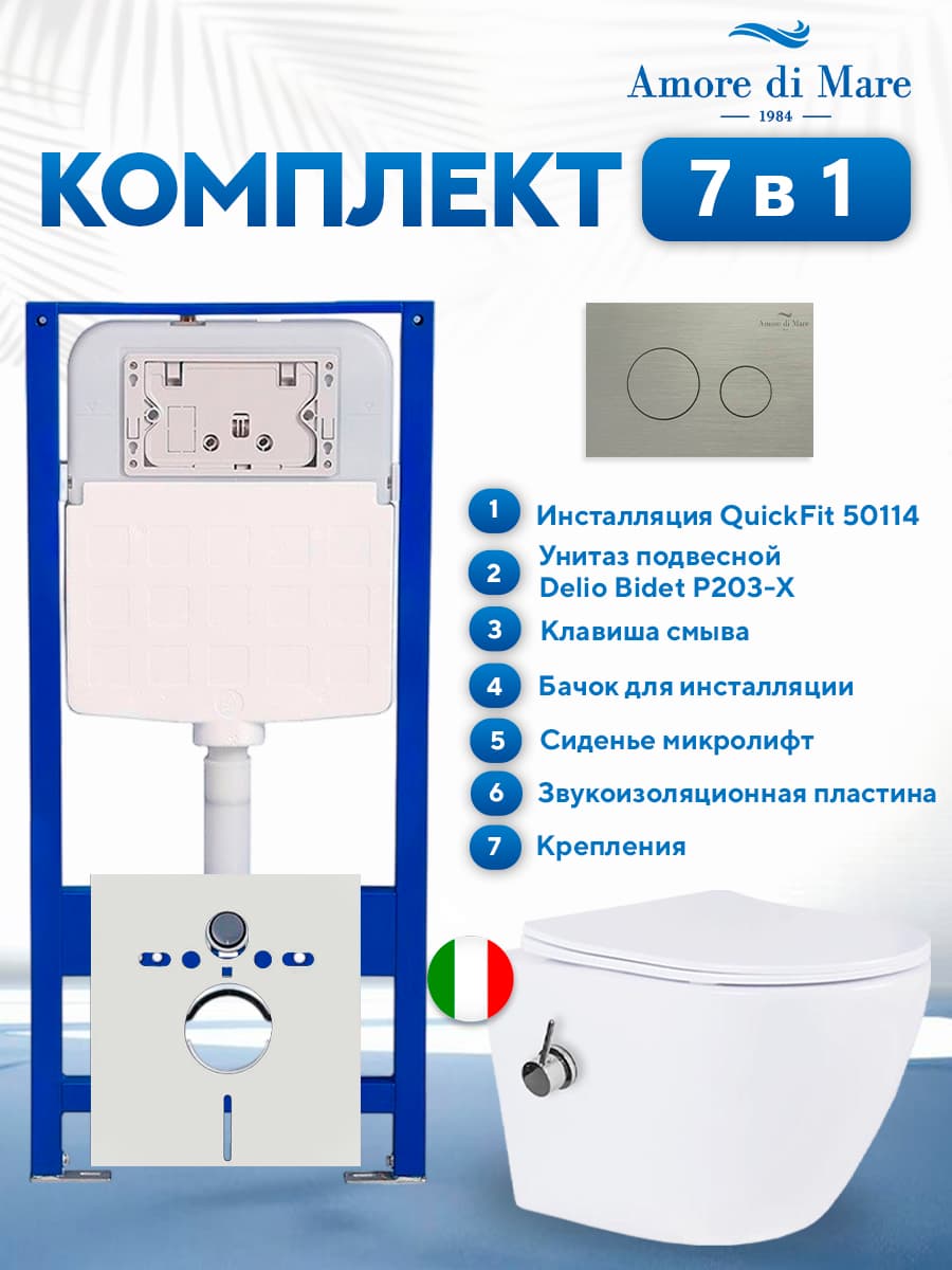 Комплект инсталляции Amore di Mare QuickFit 50114 с унитазом с функцией биде Delio Bidet P203-X с кнопкой 303BN, 7 в 1, Италия