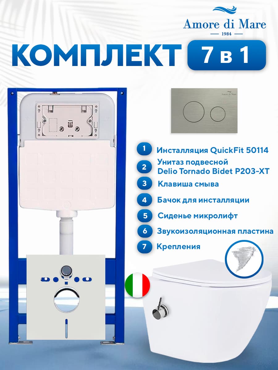 Комплект инсталляции Amore di Mare QuickFit 50114 с унитазом Delio Tornado Bidet P203-XT с кнопкой 303BN 7 в 1, Италия