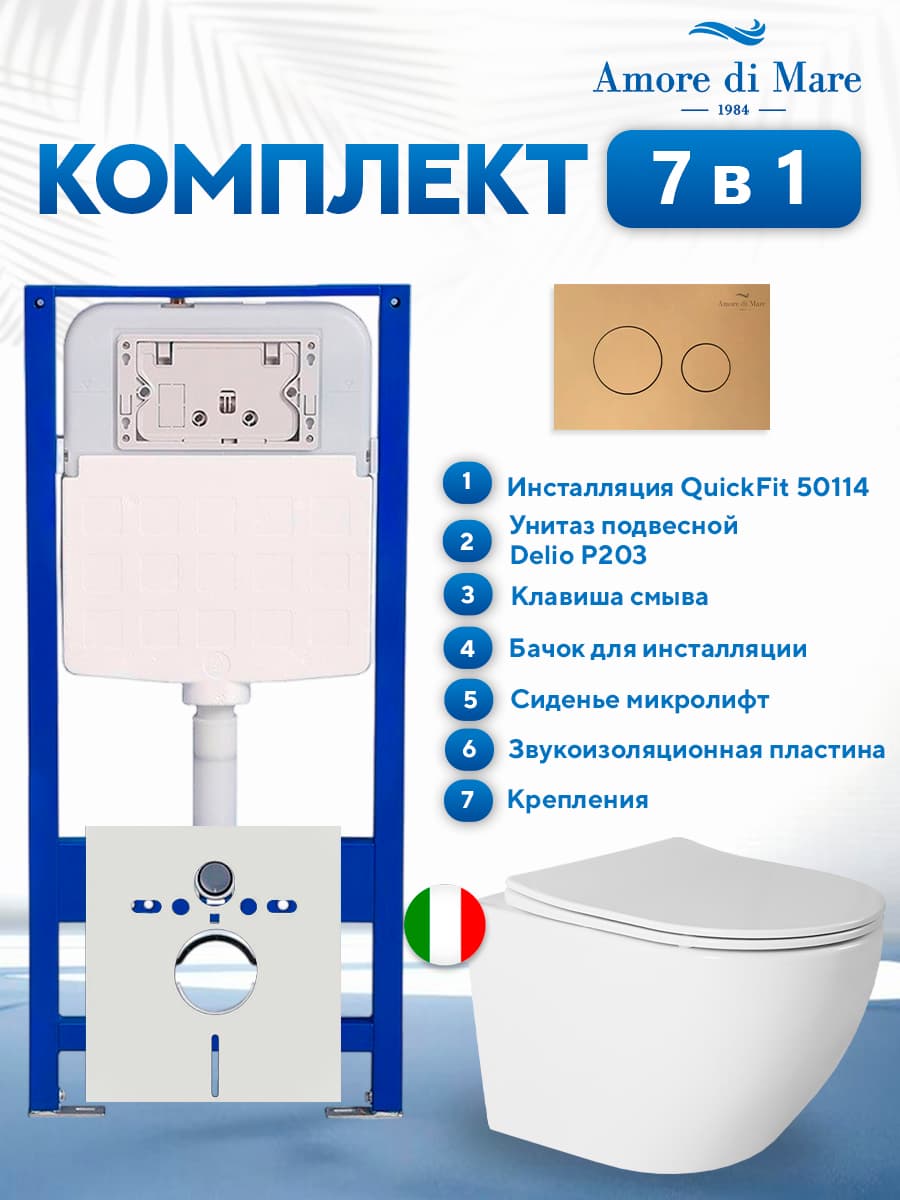 Комплект инсталляции Amore di Mare QuickFit 50114 с унитазом Delio P203 и кнопкой 303G, 7 в 1, Италия